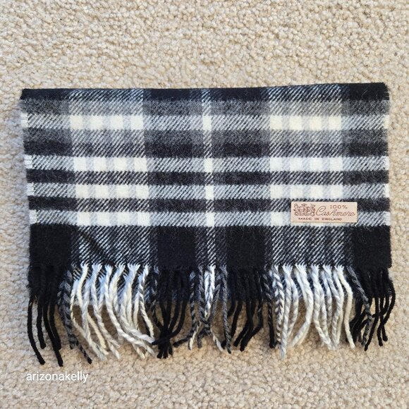 100% Cashmere Plaid Woven Oblong Scarf Fringe Black White - Picture 1 of 10